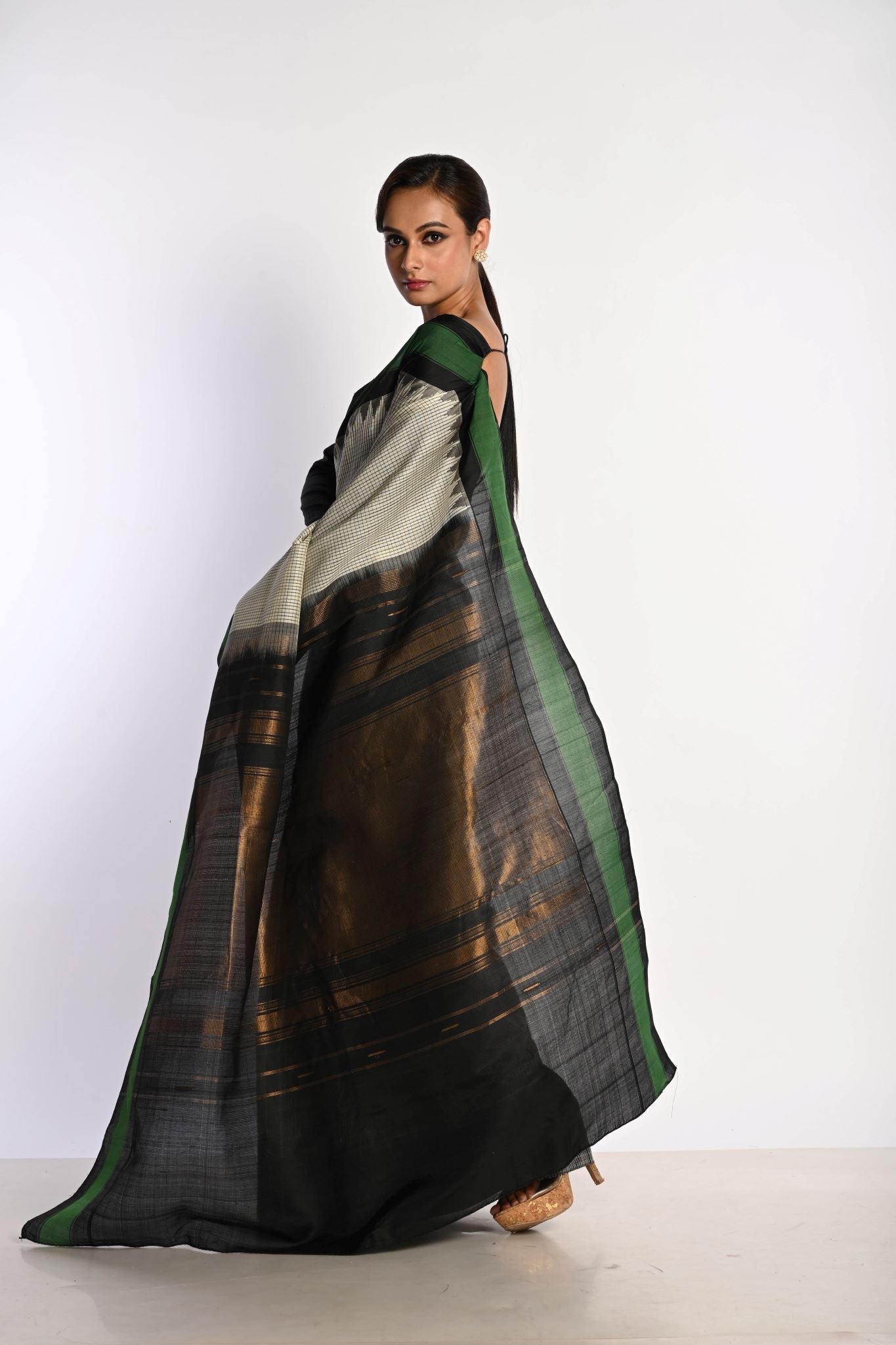 White Handloom Pure Silk Gadwal Saree with Green Border and Checks - Anvi Couture