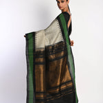 White Handloom Pure Silk Gadwal Saree with Green Border and Checks - Anvi Couture