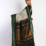 White Handloom Pure Silk Gadwal Saree with Green Border and Checks - Anvi Couture