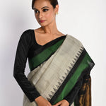 White Handloom Pure Silk Gadwal Saree with Green Border and Checks - Anvi Couture