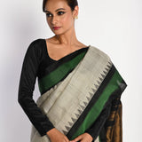 White Handloom Pure Silk Gadwal Saree with Green Border and Checks - Anvi Couture