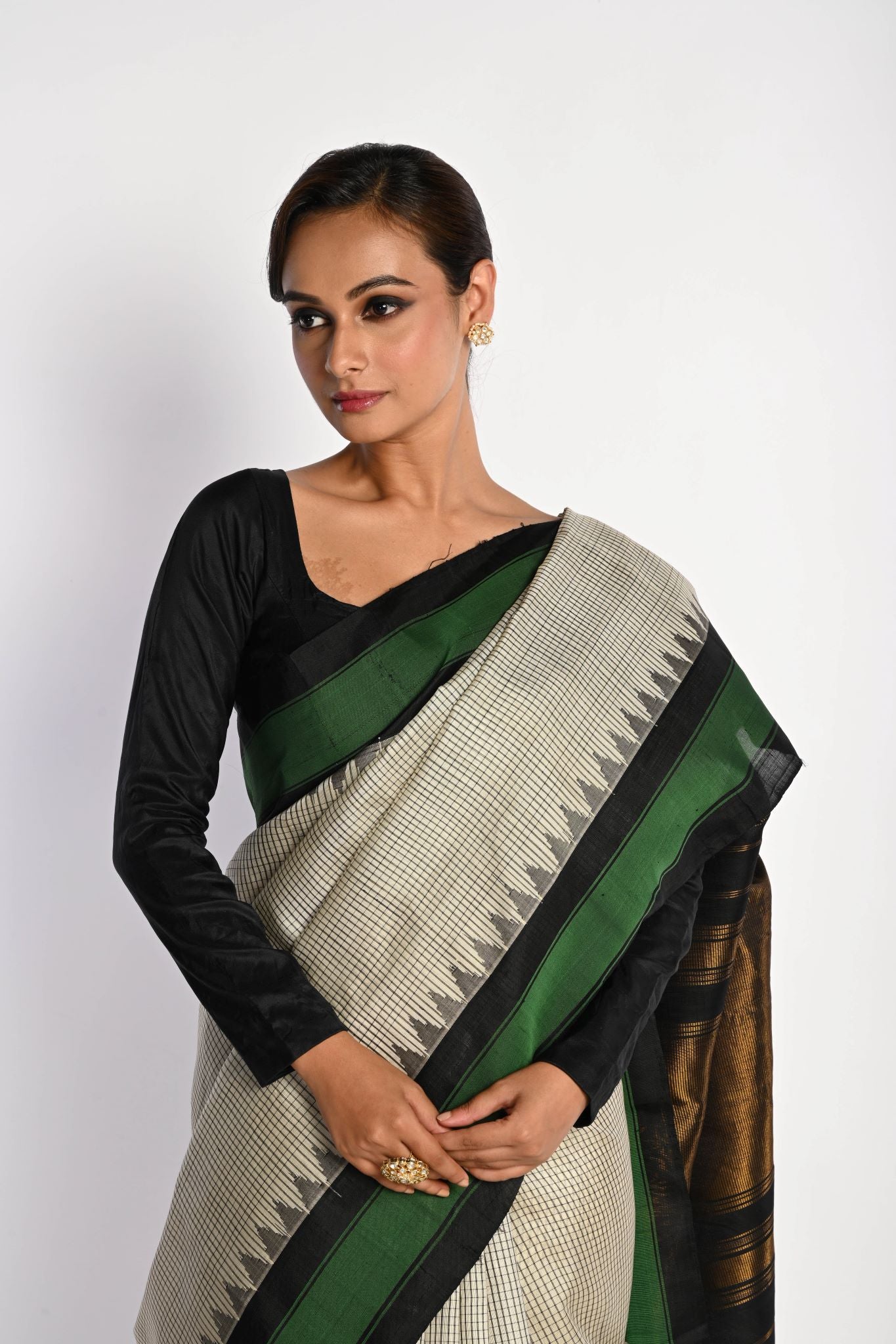 White Handloom Pure Silk Gadwal Saree with Green Border and Checks - Anvi Couture