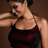 Maroon Halter Neck Velvet Blouse with Dori - Anvi Couture
