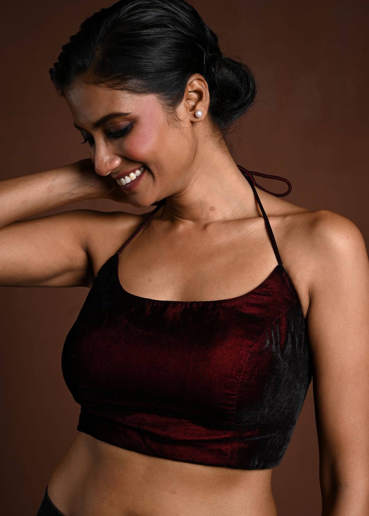 Maroon Halter Neck Velvet Blouse with Dori - Anvi Couture