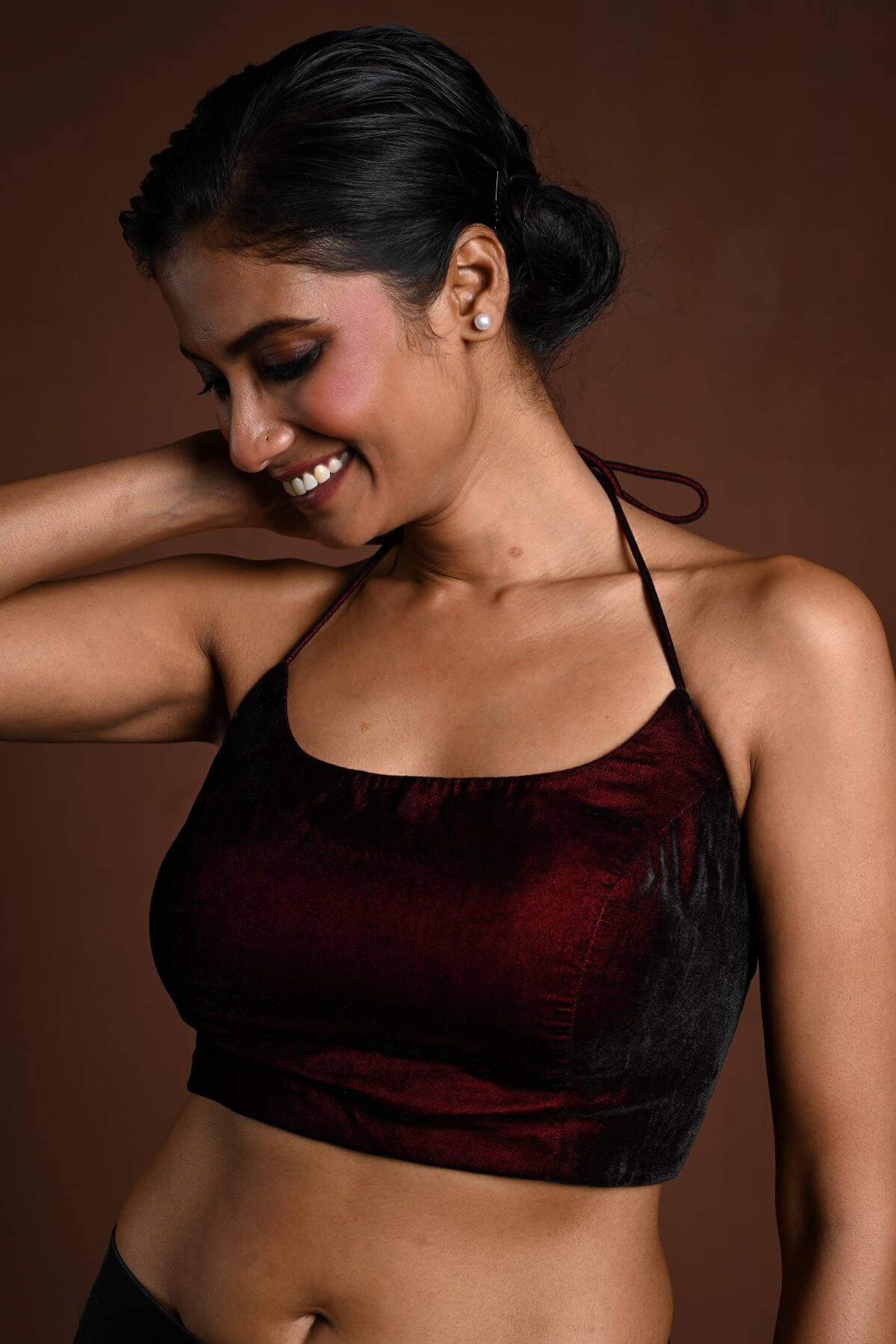 Maroon Halter Neck Velvet Blouse with Dori - Anvi Couture