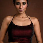 Maroon Halter Neck Velvet Blouse with Dori - Anvi Couture