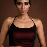 Maroon Halter Neck Velvet Blouse with Dori - Anvi Couture