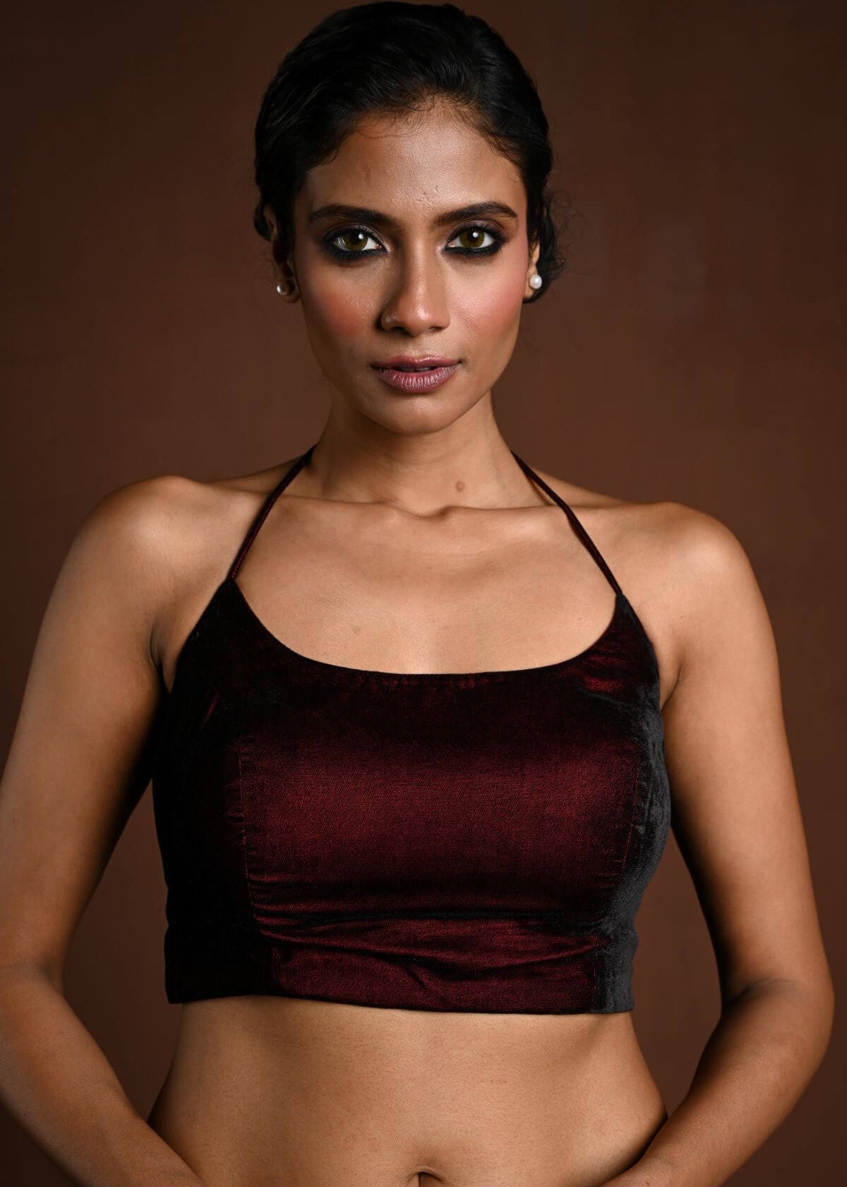 Maroon Halter Neck Velvet Blouse with Dori - Anvi Couture