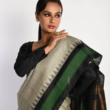 White Handloom Pure Silk Gadwal Saree with Green Border and Checks - Anvi Couture