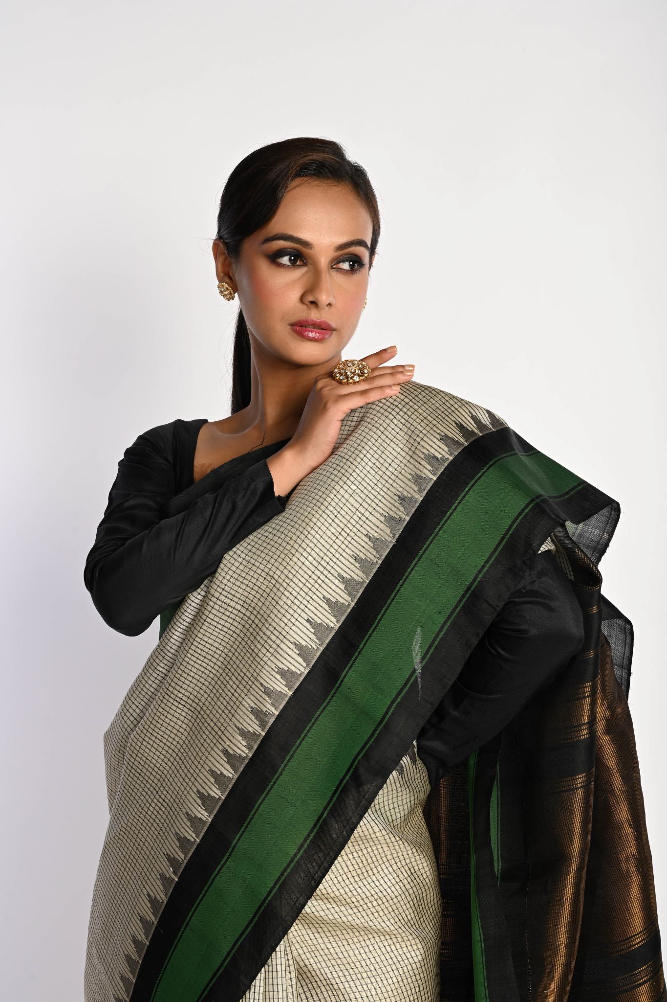 White Handloom Pure Silk Gadwal Saree with Green Border and Checks - Anvi Couture