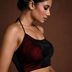 Maroon Halter Neck Velvet Blouse with Dori - Anvi Couture