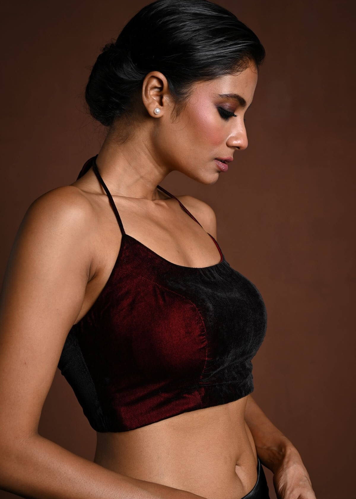 Maroon Halter Neck Velvet Blouse with Dori - Anvi Couture