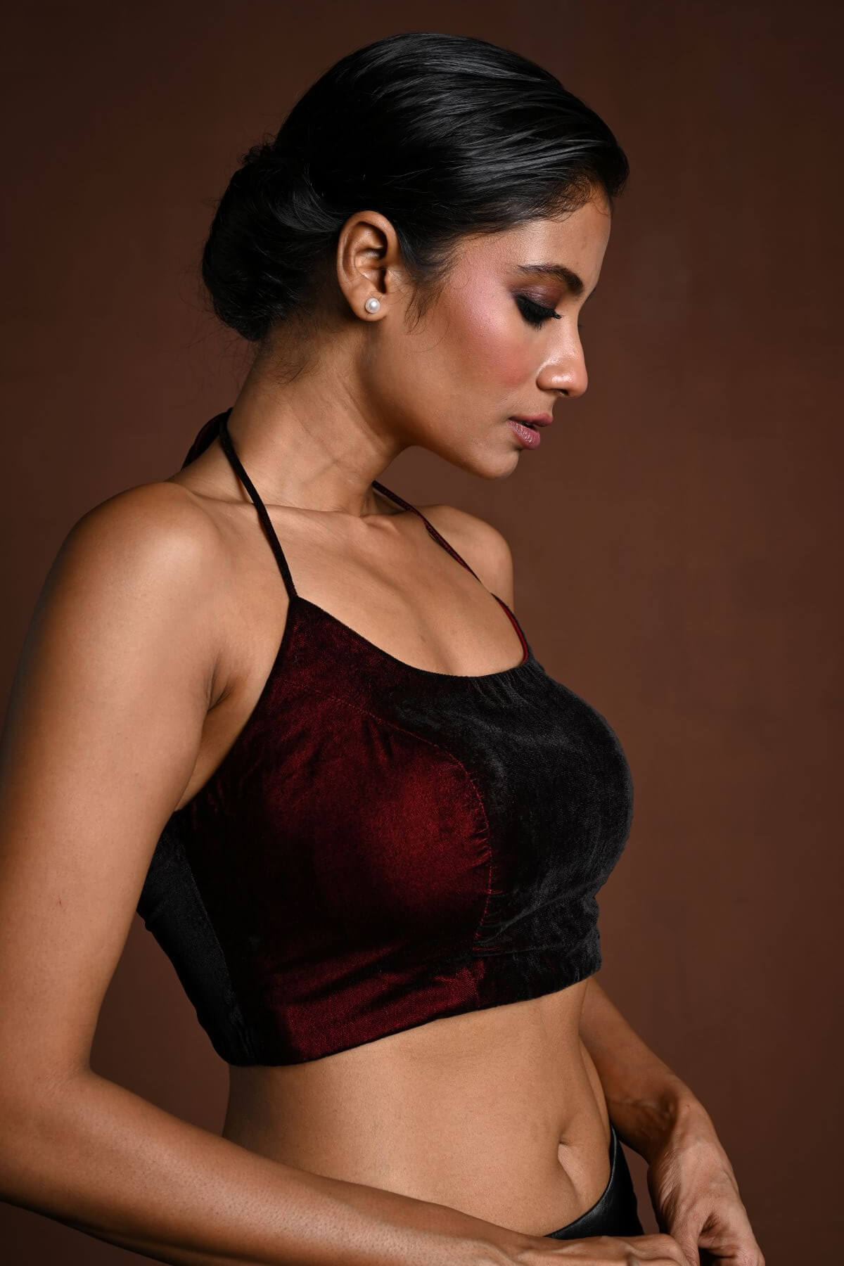 Maroon Halter Neck Velvet Blouse with Dori - Anvi Couture