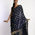 Navy Blue Mashru Satin Silk Banarasi with Matt Gold Zari Work - Anvi Couture