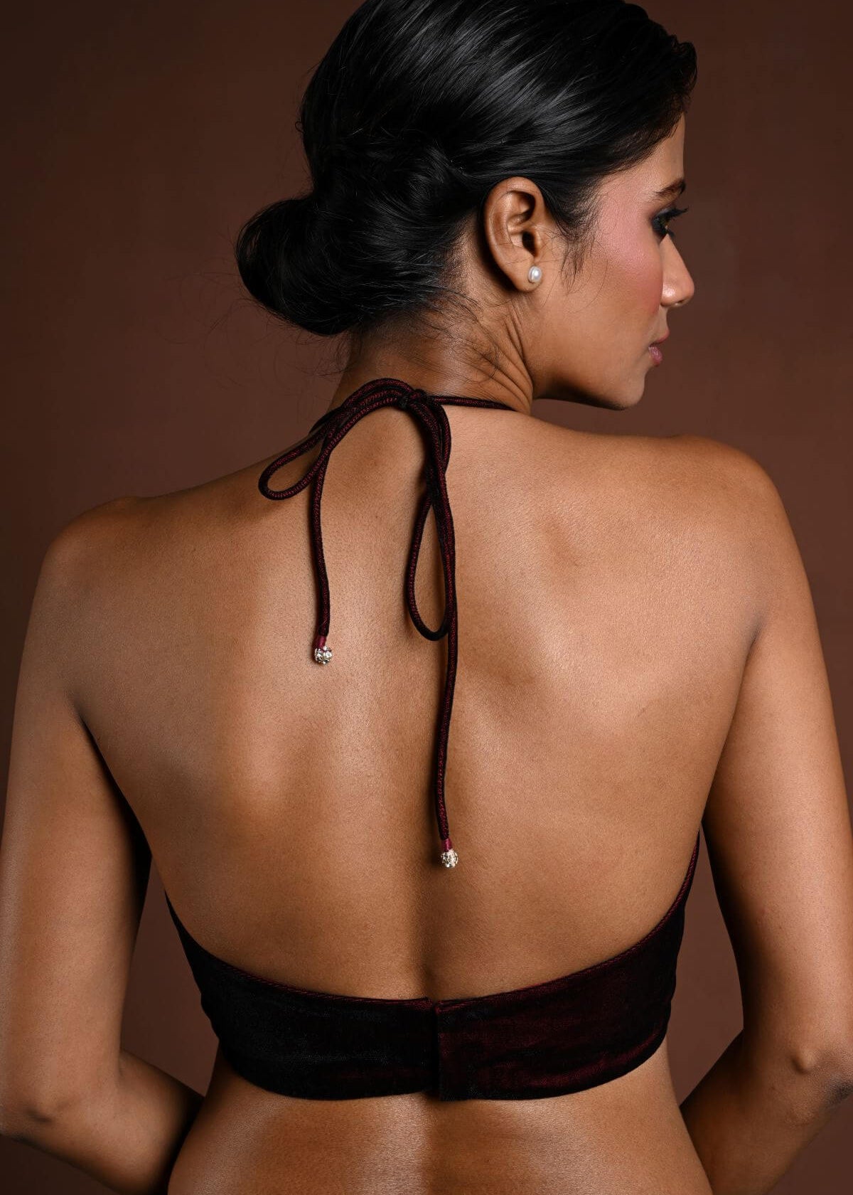 Maroon Halter Neck Velvet Blouse with Dori - Anvi Couture