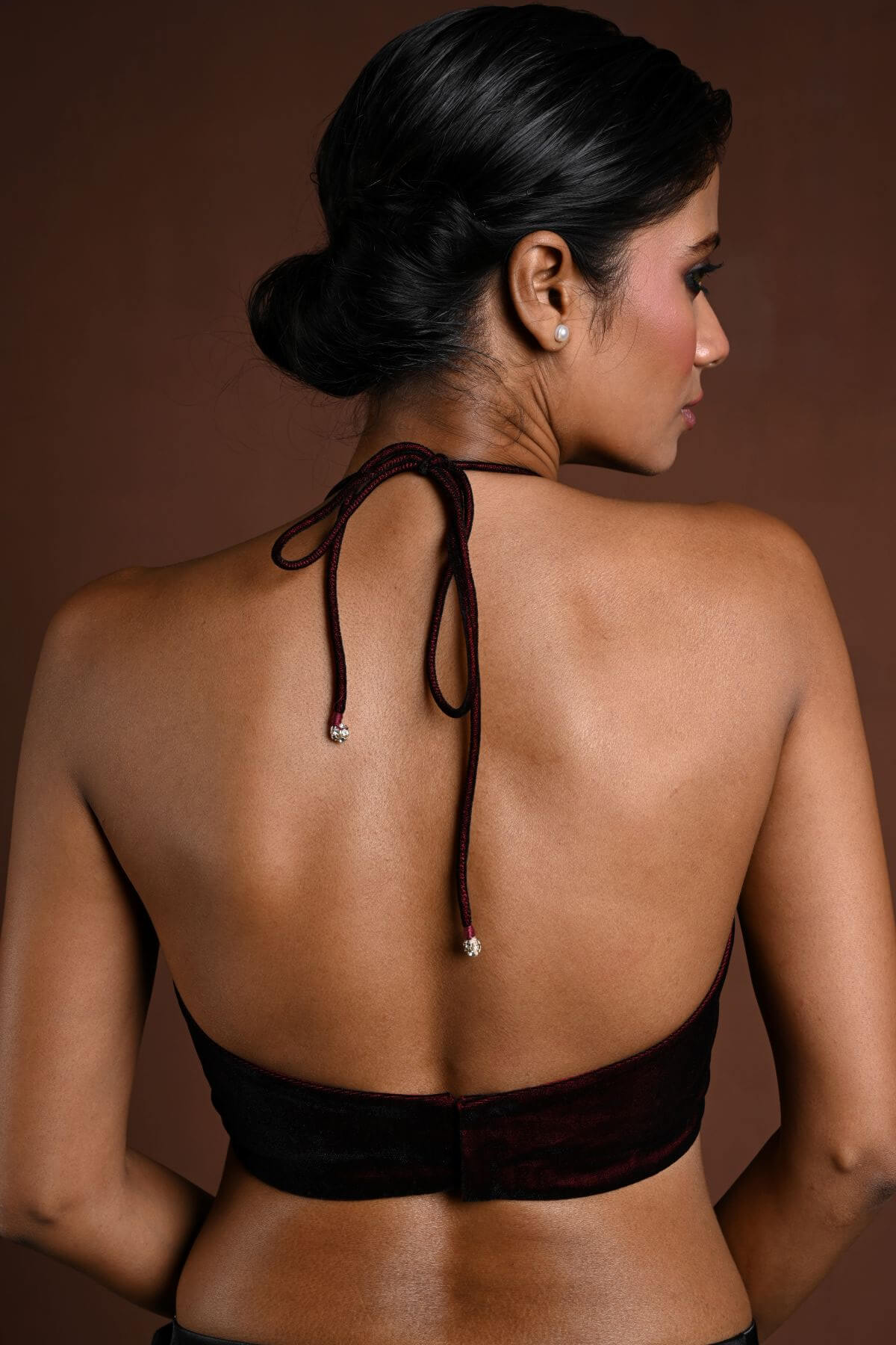 Maroon Halter Neck Velvet Blouse with Dori - Anvi Couture