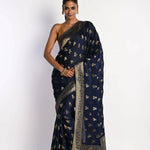 Navy Blue Mashru Satin Silk Banarasi with Matt Gold Zari Work - Anvi Couture