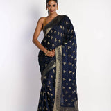 Navy Blue Mashru Satin Silk Banarasi with Matt Gold Zari Work - Anvi Couture