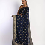 Navy Blue Mashru Satin Silk Banarasi with Matt Gold Zari Work - Anvi Couture