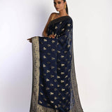 Navy Blue Mashru Satin Silk Banarasi with Matt Gold Zari Work - Anvi Couture