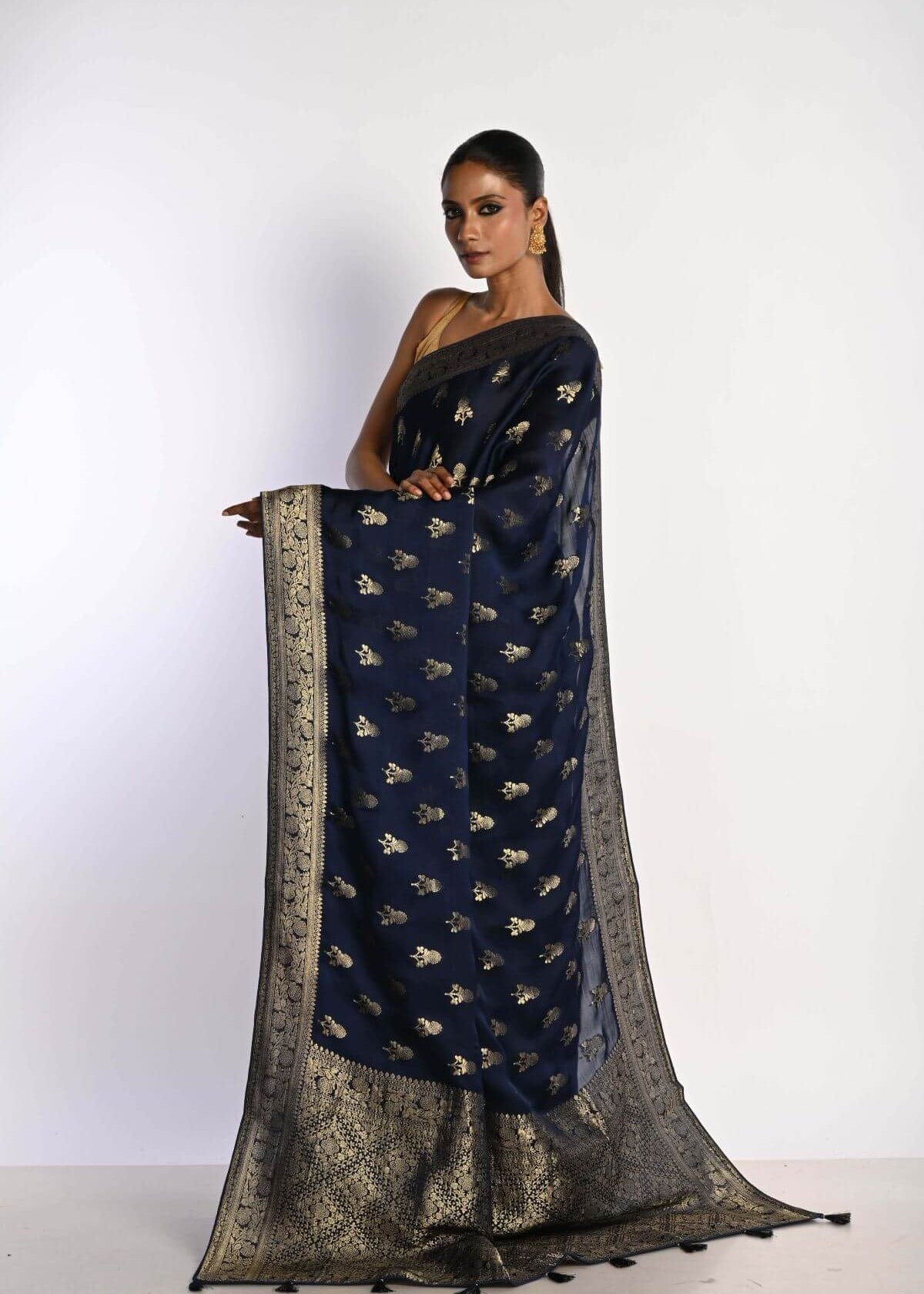 Navy Blue Mashru Satin Silk Banarasi with Matt Gold Zari Work - Anvi Couture