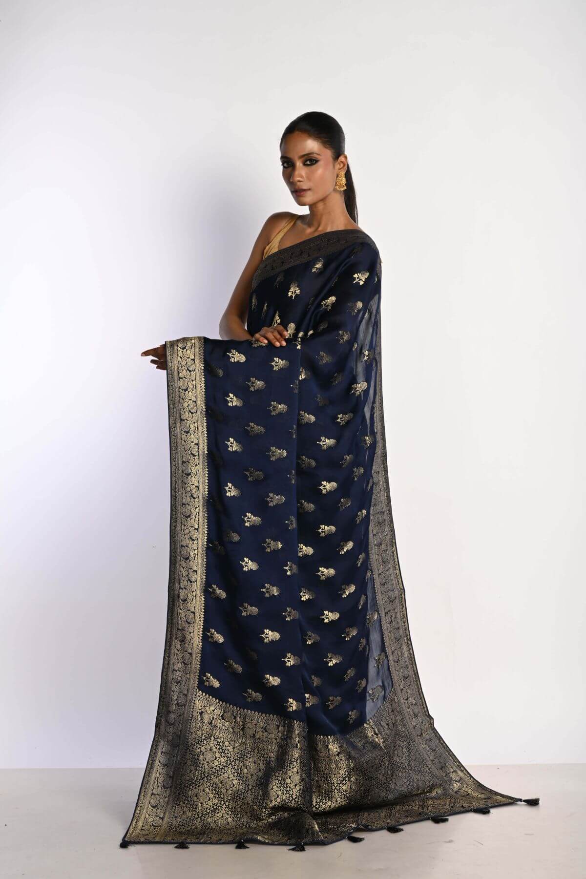 Navy Blue Mashru Satin Silk Banarasi with Matt Gold Zari Work - Anvi Couture