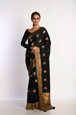 Black Pure Satin Silk Banarasi Handloom Saree with Real Zari Work - Elegance Redefined