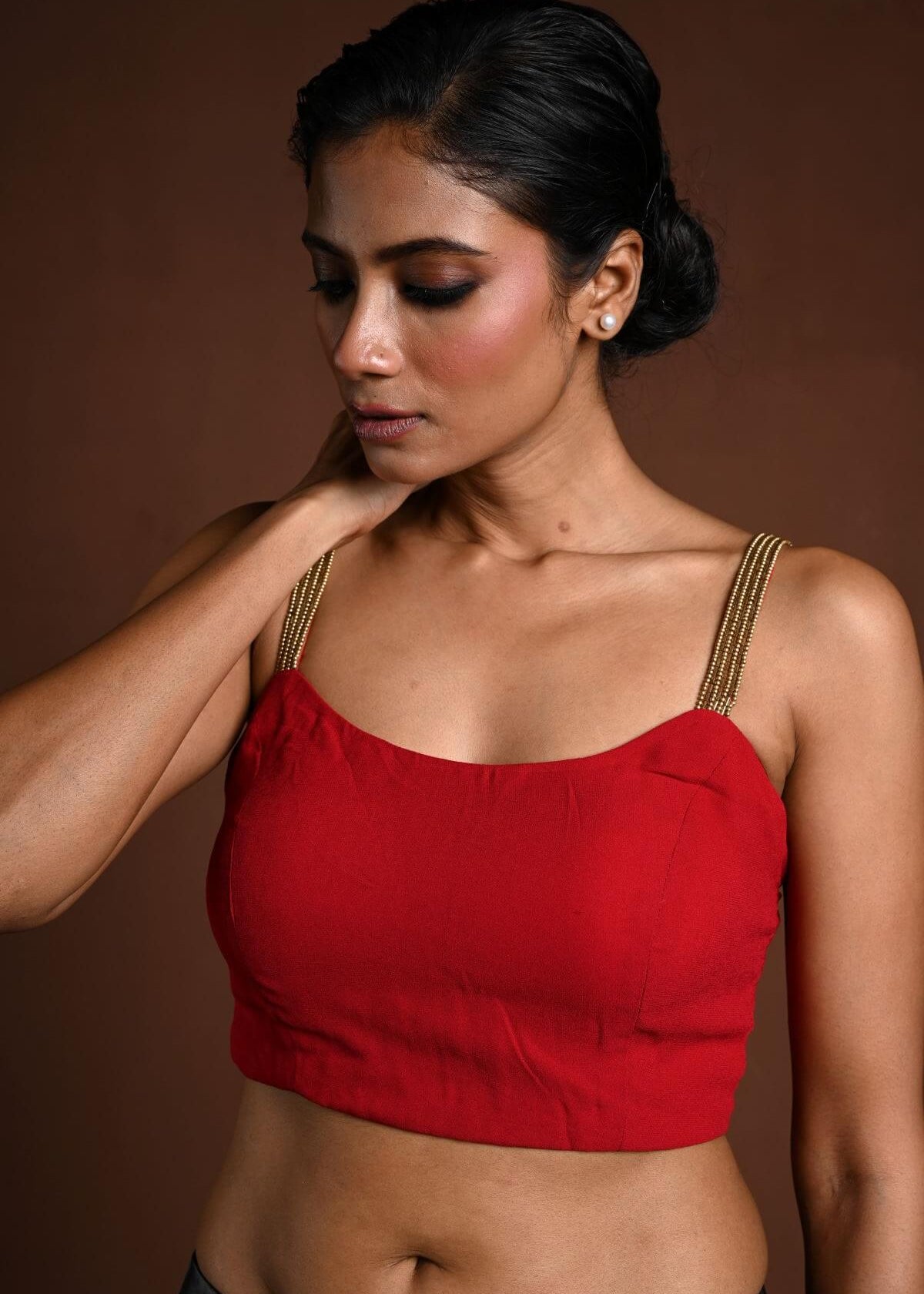 Red Sleeveless Blouse with U Neckline - Anvi Couture