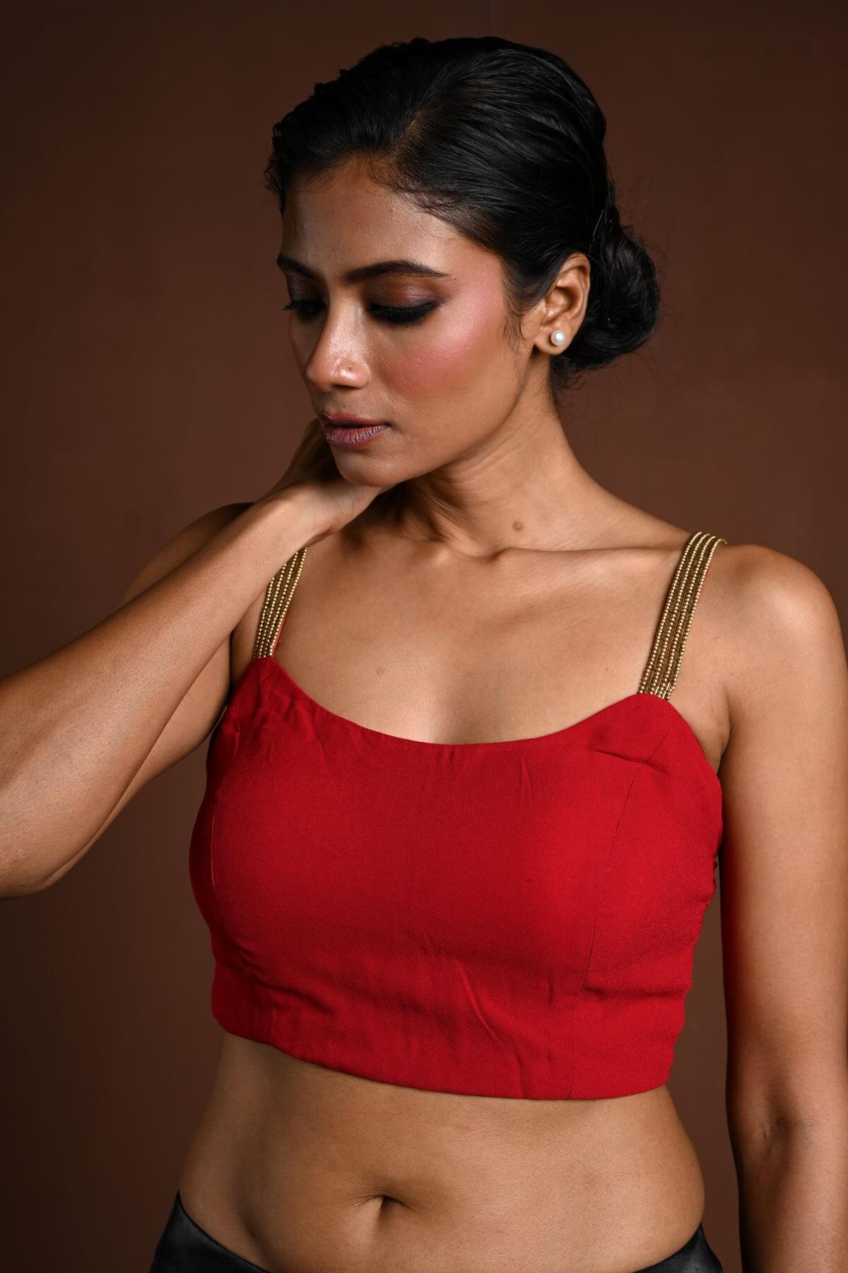 Red Sleeveless Blouse with U Neckline - Anvi Couture