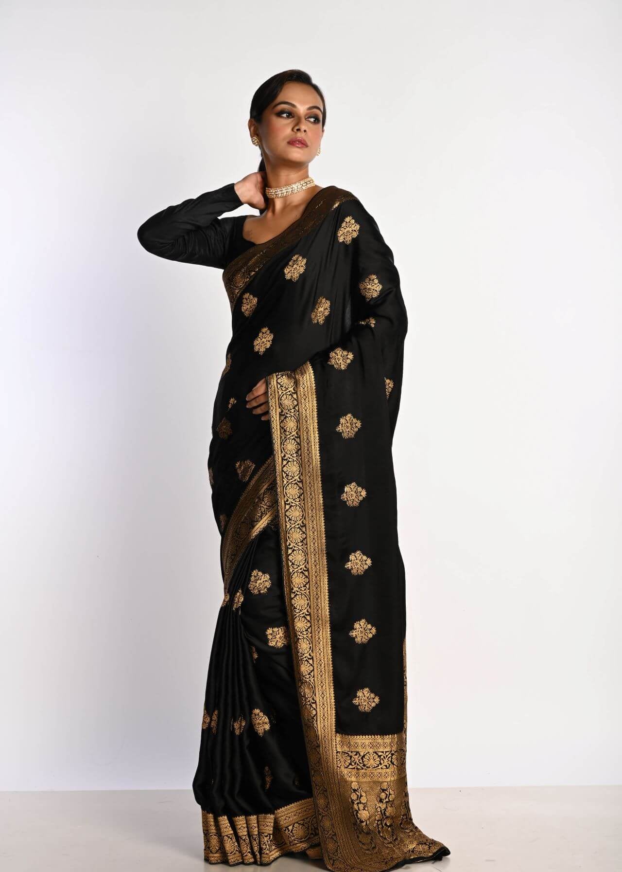 Handwoven Black Pure Satin Silk Banarasi Saree for Weddings