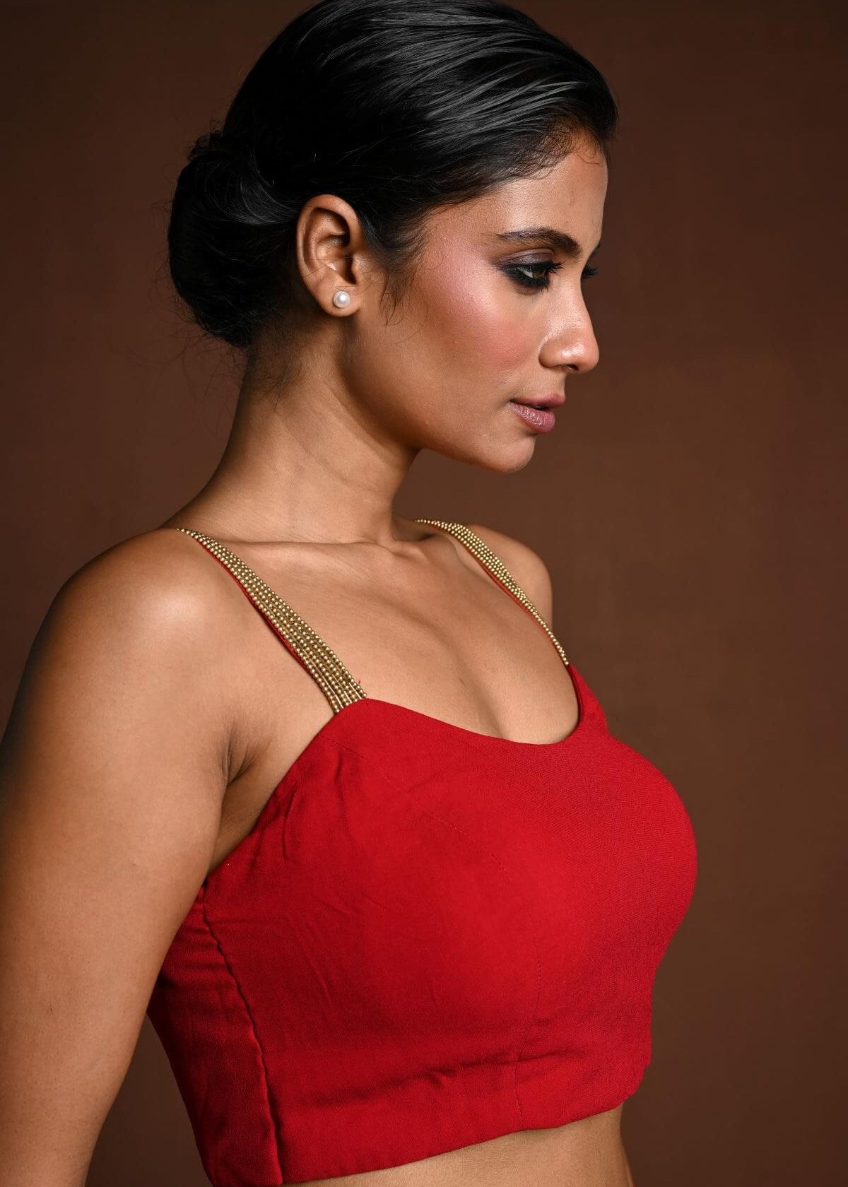 Red Sleeveless Blouse with U Neckline - Anvi Couture