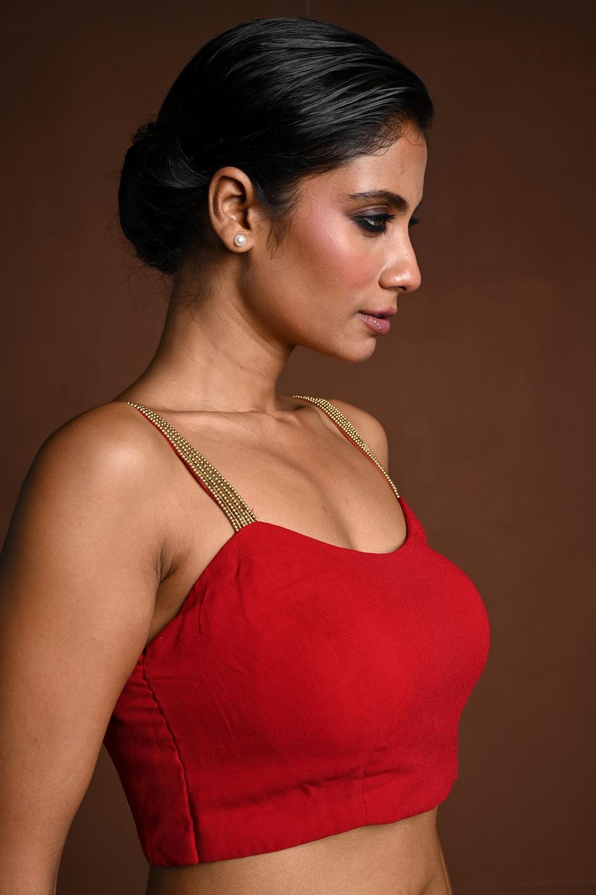 Red Sleeveless Blouse with U Neckline - Anvi Couture