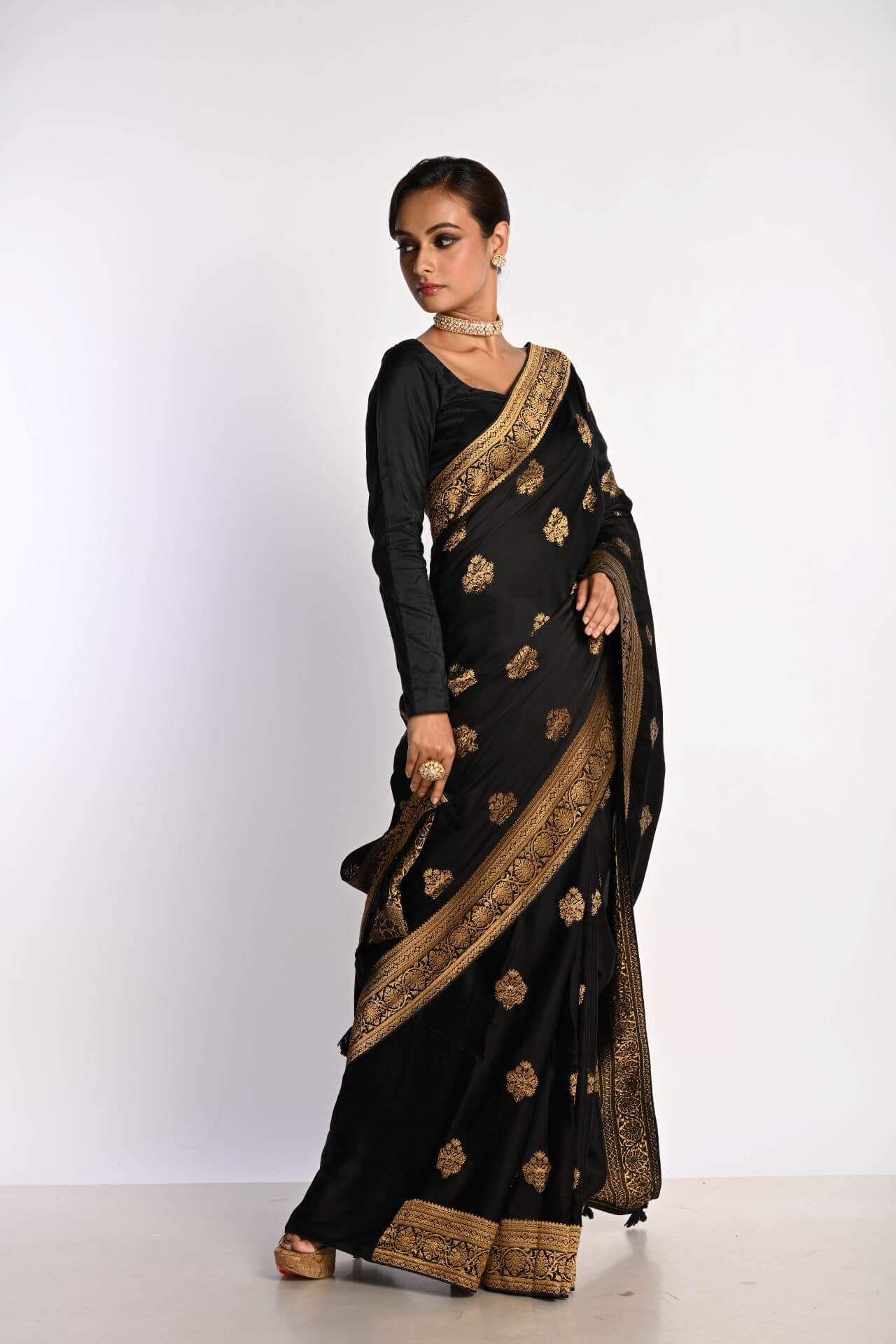 Traditional Black Banarasi Saree with Real Zari and Gold Motifs