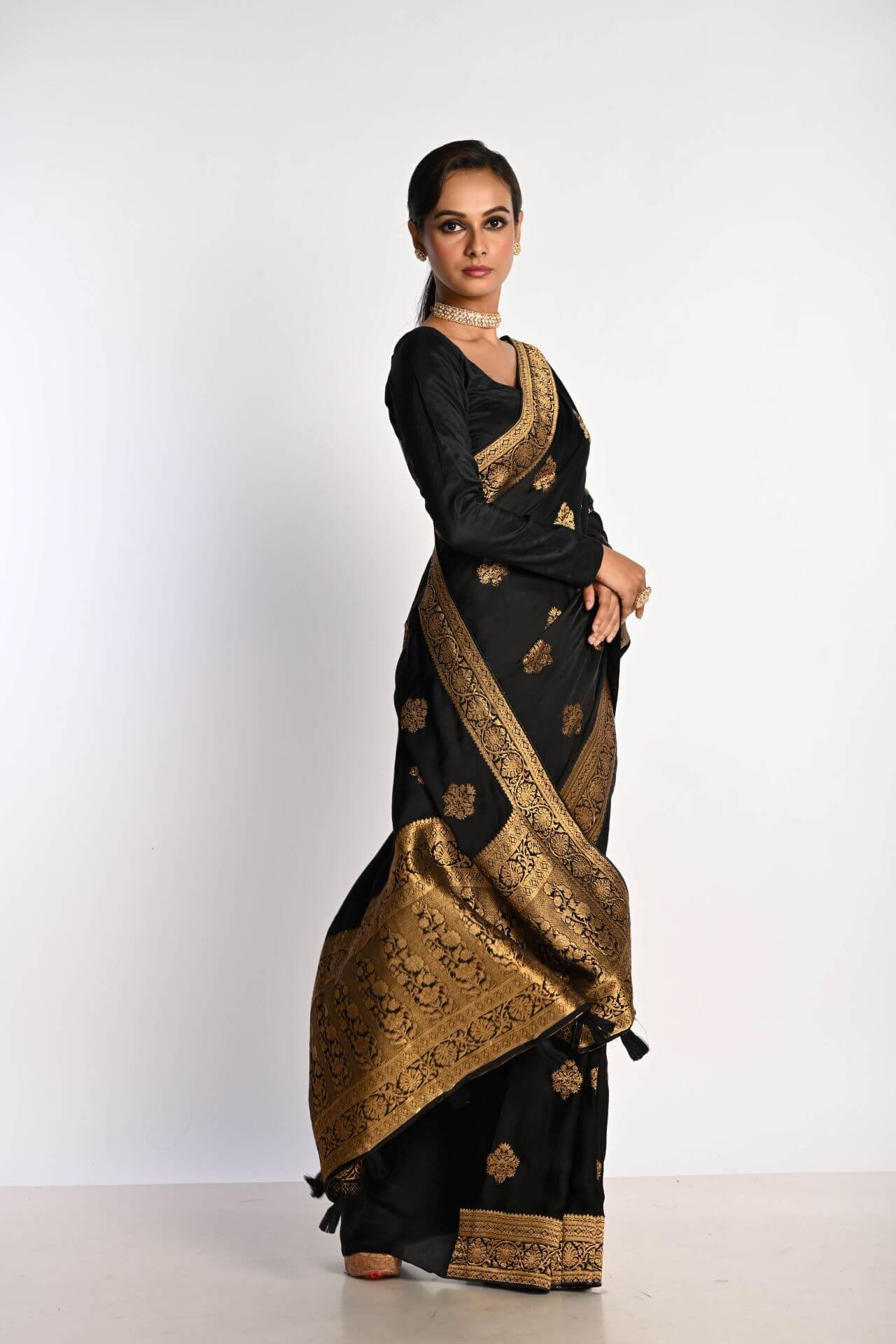 Luxurious Black Satin Silk Saree with Zari Work for Festive Occasions