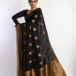 Luxurious Black Satin Silk Saree with Zari Work for Festive Occasions