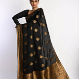 Luxurious Black Satin Silk Saree with Zari Work for Festive Occasions