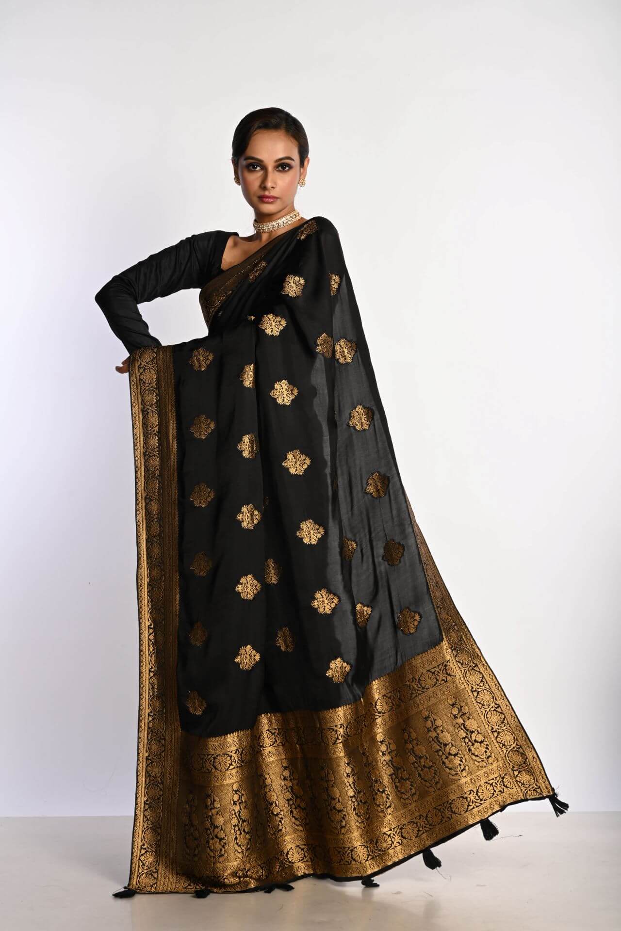 Luxurious Black Satin Silk Saree with Zari Work for Festive Occasions