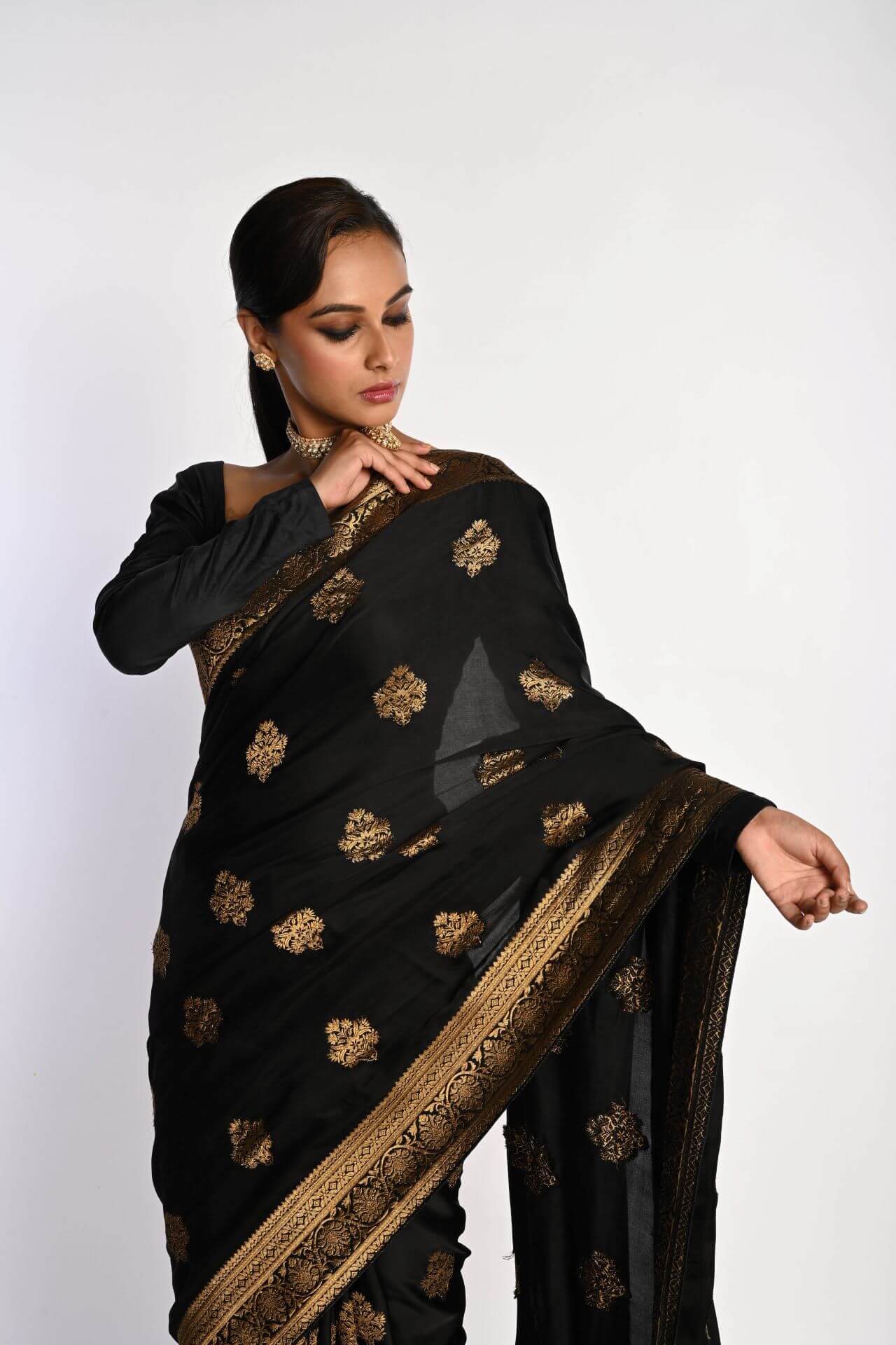 Traditional Black Banarasi Saree with Real Zari and Gold Motifs