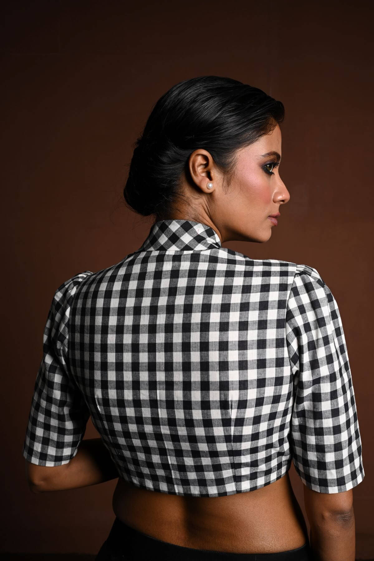 Black and White Gingham Print Blouse in Cotton with Collar - Anvi Couture
