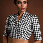Black and White Gingham Print Blouse in Cotton with Collar - Anvi Couture