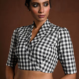 Black and White Gingham Print Blouse in Cotton with Collar - Anvi Couture