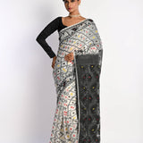 Black and White Dhakai Jamdani Cotton Handloom Saree - Anvi Couture