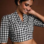 Black and White Gingham Print Blouse in Cotton with Collar - Anvi Couture