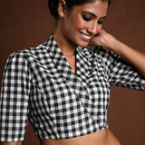 Black and White Gingham Print Blouse in Cotton with Collar - Anvi Couture