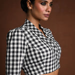 Black and White Gingham Print Blouse in Cotton with Collar - Anvi Couture
