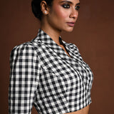 Black and White Gingham Print Blouse in Cotton with Collar - Anvi Couture