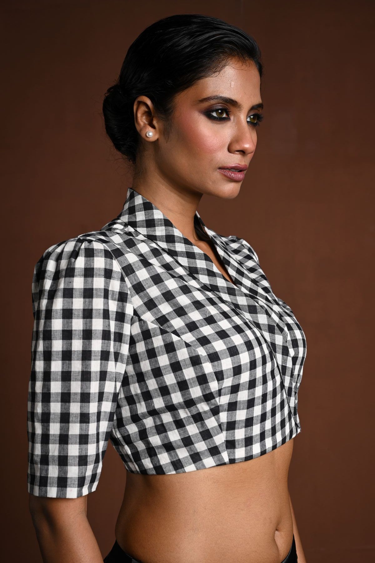 Black and White Gingham Print Blouse in Cotton with Collar - Anvi Couture