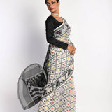 Black and White Dhakai Jamdani Cotton Handloom Saree - Anvi Couture