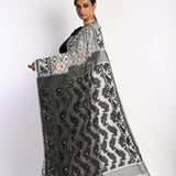 Black and White Dhakai Jamdani Cotton Handloom Saree - Anvi Couture