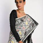 Black and White Dhakai Jamdani Cotton Handloom Saree - Anvi Couture